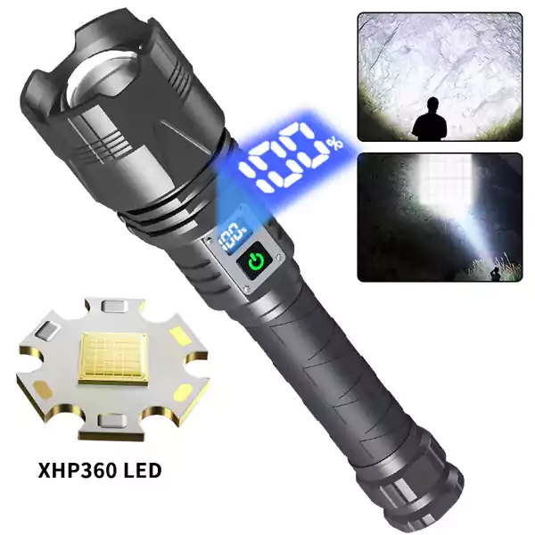 Супер мощен фенер с XHP360 LED 15000LM – Акумулаторен прожектор за лов, риболов и къмпинг